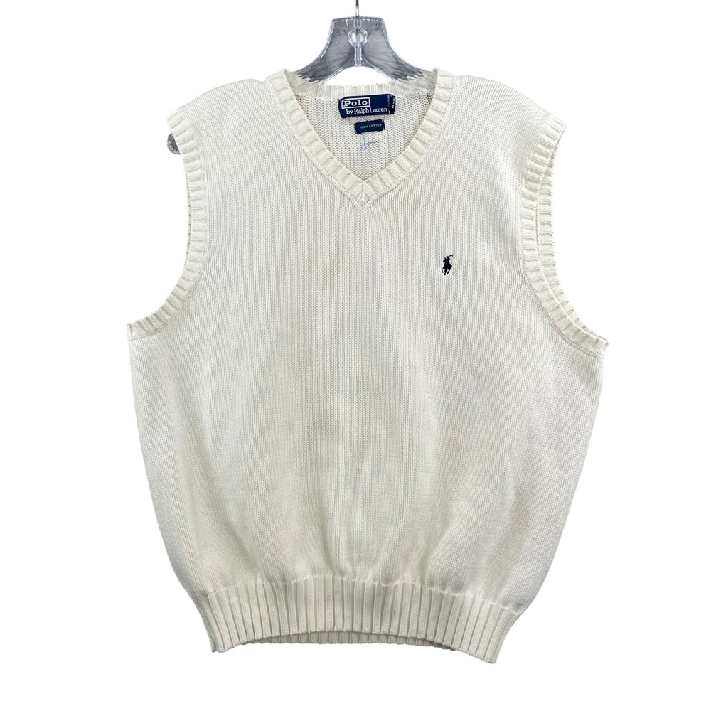 Polo Ralph Lauren Sweater Vest Mens Large Cream‎ V-Neck Cotton Knit Pony Preppy